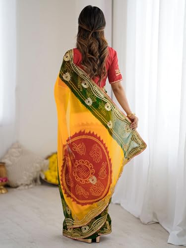 Image of Satrani Women's Georgette Bandhani Printed Embroidered gota lace Saree with Unstitched Blouse Piece