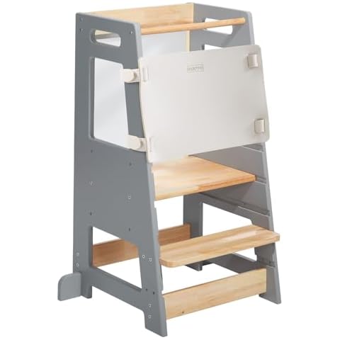 Toddler Kitchen Stools Helper with Adjustable Height and Anti-Slip Protection, Kids Standing Tower with Safety Rail, Kids Montessori Step Stool with Learning Chalkboard, Gray Cover