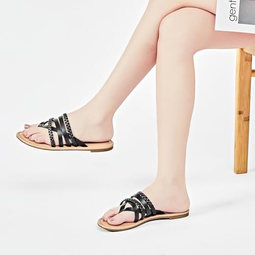 Image of Ataiwee Women's Flat Slide Sandals - Comfortable Open Toe Design,Casual Slip-On with Ankle Strap,Hook-and-Loop Closure Summer Sandals.