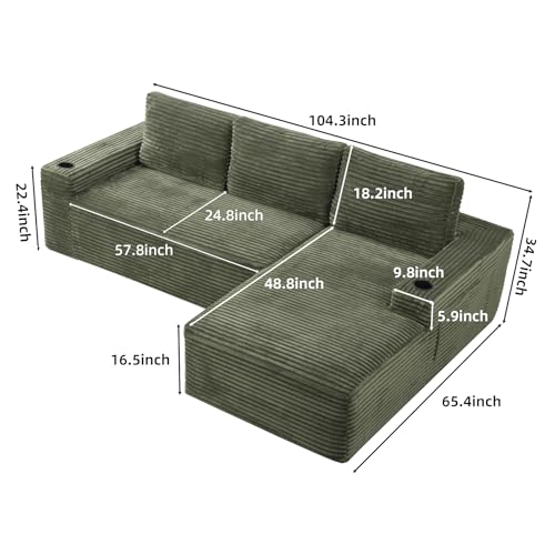Image of 104 inch L Shaped Boneless Sectional Couches for Living Room, Comfy Corduroy Floor Cloud Sofa with Chaise and Cup Holder, Wide Armrest, Deep Seat, Assembly Free, Ideal for Small Spaces, Green