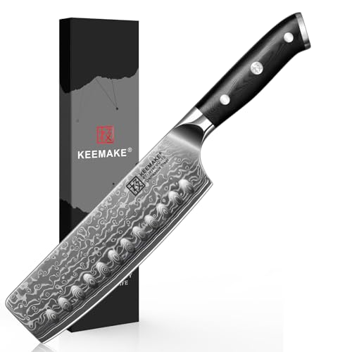 KEEMAKE Nakiri Knife 7in Ultra Sharp Meat Cleaver and Vegetable Chopper, Damascus Kitchen Knives with Full Tang G10 Ergonomic Handle, Japanese Knife for Kitchen