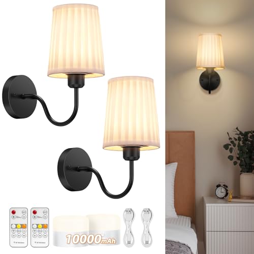 Image of Battery Operated Wall Sconce Set of 2, Rechargeable Wall Sconces with 10000mAh Dimming Magnetic Bulb, Wireless Battery Powered Wall Lights with Pleated for Bedroom Living Room Gallery Hallway,Black