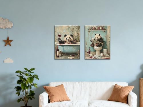 Image of Frimeeme Framed Panda Bathroom Wall Art Set of 2,12x16 Inch | Cute Panda on Toilet and in Bathtub Wall Decor Paintings for Bathroom Restroom