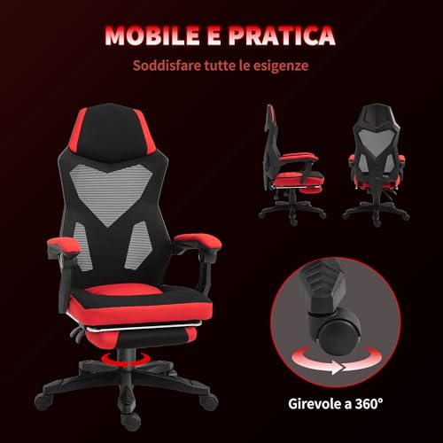 Sedia da Ufficio Ergonomica con Poggiapiedi Retrattile e Schienale Alto, Sedia da Scrivania Reclinabile Girevole con Altezza Regolabile, Supporto Lombare, in Tessuto a Rete, Rossa - Sedia gaming - Immagine 7