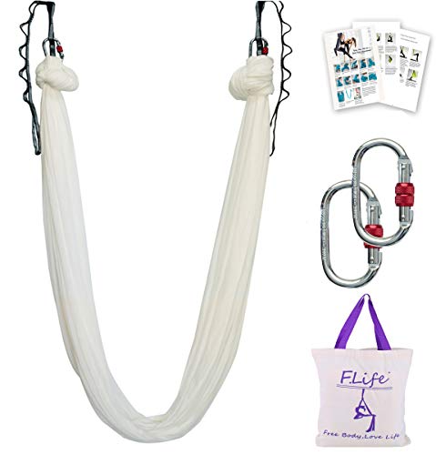 F.Life Aerial Yoga Hammock 5.5 Yards Include Daisy Chain,Carabiner and Pose Guide (White)