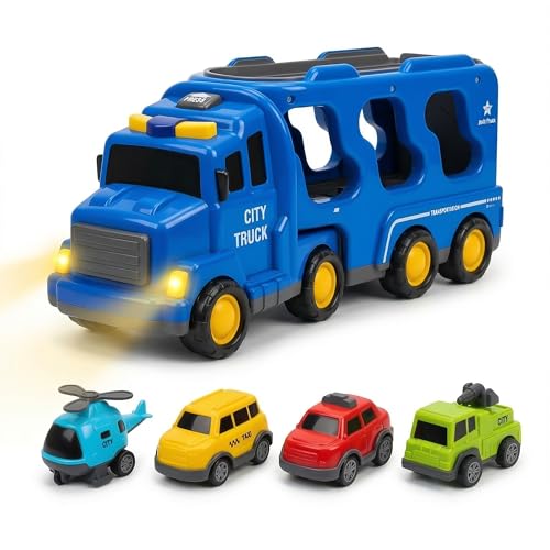 Image of City Truck Toy - Friction Powered Educational Vehicle - Transport Carrier with Mini Toy Cars & Music - Toy Set for Kids 3+ Years for Boys & Girls - Blue