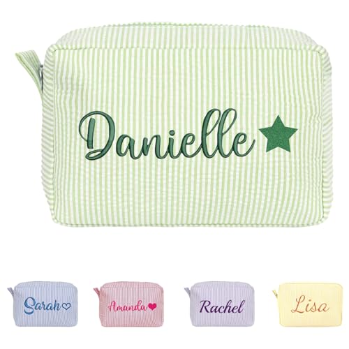 Personalized Seersucker Toiletry Bag Monogrammed Cosmetic Bag Cotton Seersucker Pouch Large Capacity Women Travel Toiletry Case for Travel Wedding Bridesmaid Graduation Gifts (Green)