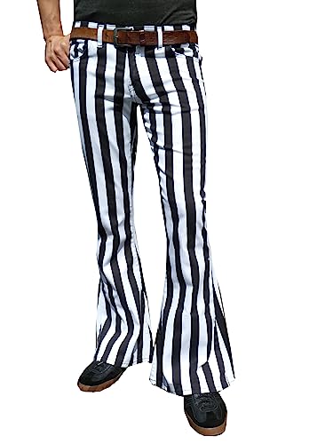 Mens Black and White Striped Bell Bottoms Flares Retro Pants Trousers