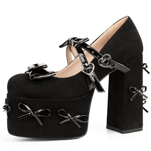 Women's Black Platform Heels Shoes High Heels Pumps Cute Bow Heels Gothic Heels Closed Toe Heels Chunky Heels Mary Jane Shoes