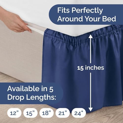Image of Bed Skirt - Wrap Around Dust Ruffle Bed Frame Cover with Easy Fit Elastic Strap, Queen Size 15 Inch Drop, Microfiber Pleated, Machine Washable | Navy Blue