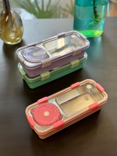 Image of Homeoculture Stainless Steel Kids Lunch Box 2 Compartment 500ml | Pink Astronaut Cartoon Tiffin Box with Spoon & Fork | Leakproof BPA-Free Food Container for Boys & Girls School Use (2compartrandom)