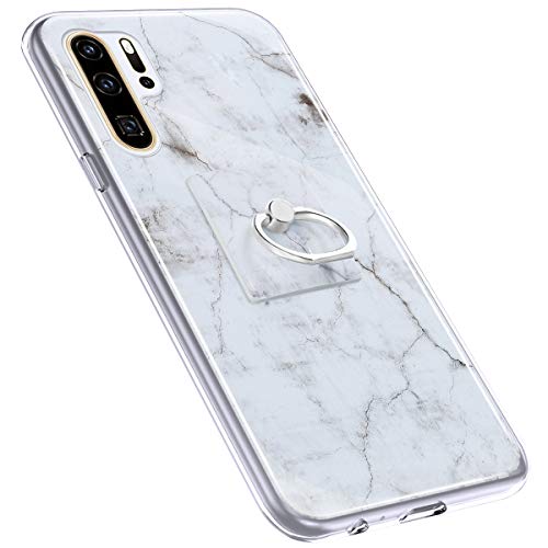 Urhause Cover Compatible with Huawei P30 Pro Case Sparkle Glitter Bling Marble Case TPU Silicone Ring Holder Cover 360 Degree Rotation Ring Holder Kickstand Shiny Bling Shockproof Cover White
