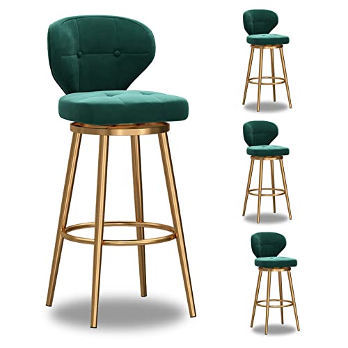 Juego de 4 taburetes giratorios de terciopelo verde con respaldo para isla de cocina, rotación de 360°, altura del asiento 65 cm