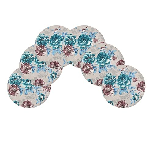 Image of LaVichitra Cotton Table Placemat | Dining Table Mat | Bed Side Table Mat | Cotton Round Shape Placemats | Washable PlaceMat for Shelves & Plant Pots - Pack of 6, Blue Rose