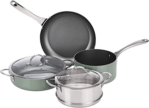 Amazon Basics Batterie de Cuisine à Induction Antiadhésive Multifonction, 6 Pièces, y Compris Marmite, Casserole, Poêle, Vapeur, Pistache