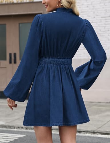 Denim Dress for Women, Puff Long Sleeve Jean Dresses Bow Tie Babydoll Denim Mini Dress2