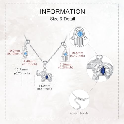 YAFEINI Elephant Necklace Sterling Silver Elephant Charm Necklace Hamsa Hand Charm Evil Eye Jewelry Gifts for Women3