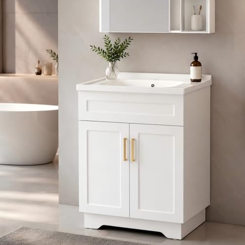 Smhxo Bathroom Vanity with Ceramic Sink, Bathroom Vanity Cabinet with 2 Doors, 24 Inches Wooden Cabinet with Sink, White