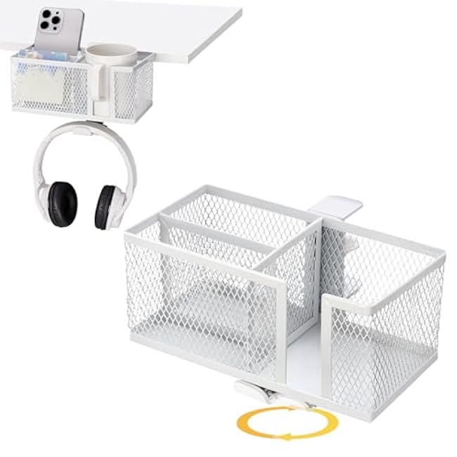 4 in 1 Metal Clip On Cup Holder Attachment for Gaming Desk or Table, Sturdy and Easy to Clamp, Attachable Anti-Spill Cup Holder for Salon Chair, Bedside, Water Bottles, Drinks, Headphones - White