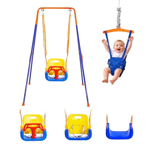 VEVOR Toddler Swing and Jumper 2 in 1 Swing Set and Bouncer Thick Plastic Seat with Foldable A-Frame Metal Stand Reinforced with 4 Sandbags Easy to Install and Store for Indoor or Outdoor Play