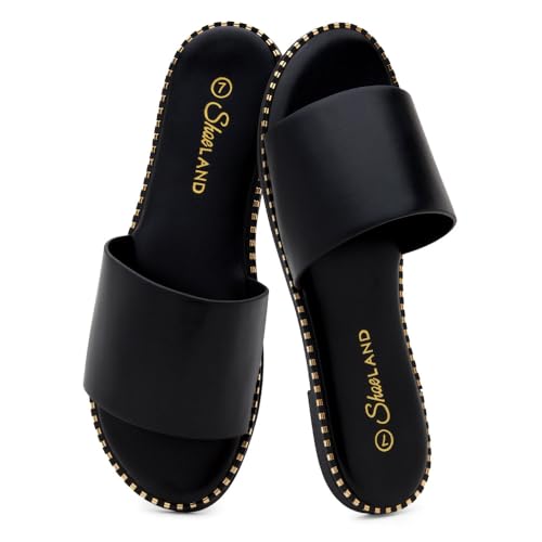Shoe Land Flat Sandals for Women – Slip-On Slides with Cushioned Footbed | Comfortable Dressy & Casual Open Toe Summer Sandals for Beach, Travel & Everyday Wear, Black, Size 9.0, Carlena