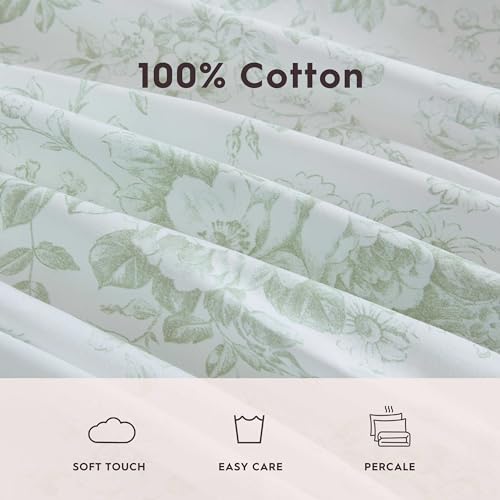Image of Laura Ashley - Full Size Sheet Set, Crisp & Lightweight Cotton Percale Bedding with Fitted Sheet and Pillowcases, Floral Room Decor, Deep Pocket, College Dorm Room Essentials (Toile Delight Green)