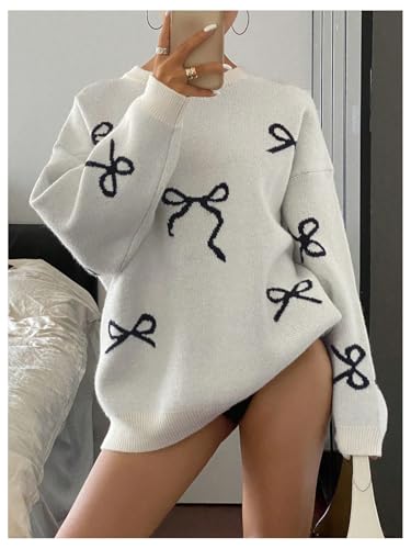 Women's Bow Print Sweater Long Sleeve Crew Neck Knit Oversized Pullovers Sweaters4