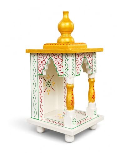 Image of Hindu Hand Crafted Wooden Puja Mandir with Drawer | Religious Home Decor Temple | Wood Art & Craft Mini Home Office Pooja Mandir White & Golden Finish
