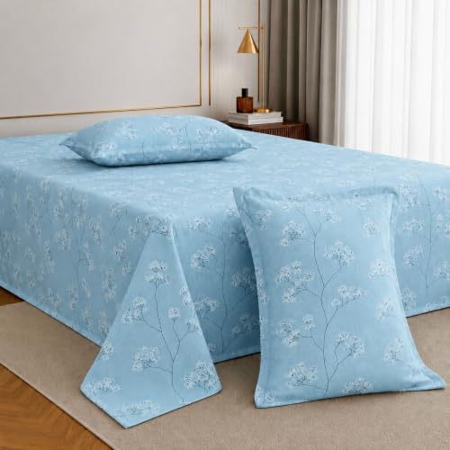 Image of Jaipur Weaves Cotton King Size Bedsheet 108x108 Super King, 100% Pure Cotton Bed Sheet with 2 Pillow Covers, 240 TC Soft Breathable Floral Design Bedding - (Blue, Super King)
