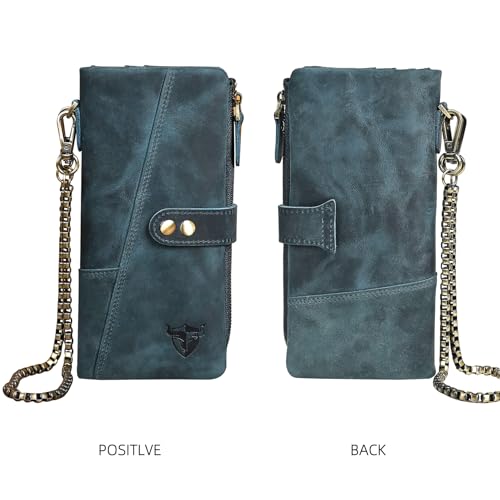 Image of Genuine Crazy Horse Leather Travel Gift Coin Pocket Card Case Long Organizer Chain Rfid Wallet Purse With Snap For Men Male 1803 1815 (1803 The Blue)