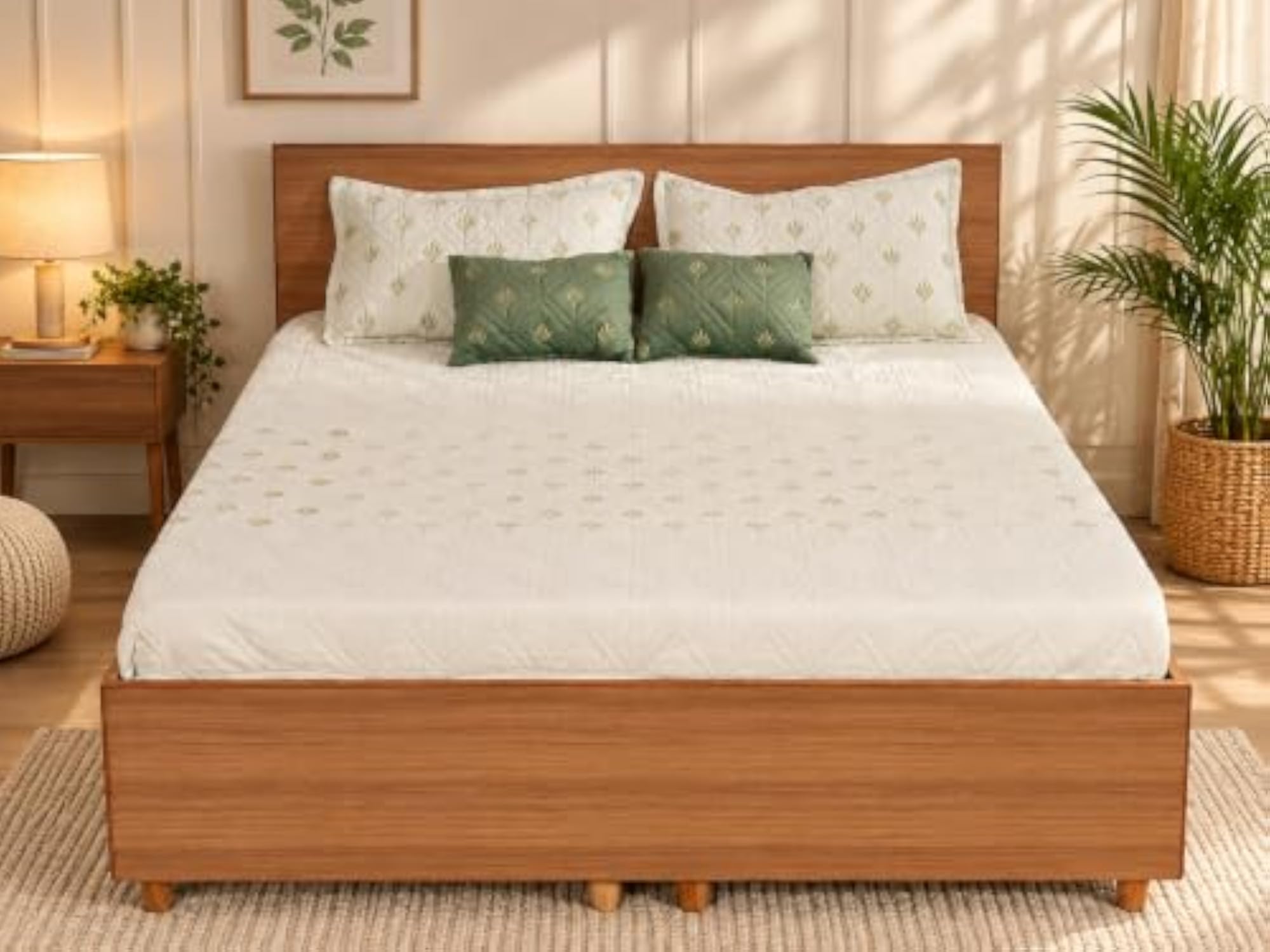 Designer Bedspread with 2 Matching Pillow Covers & 2 Green Cushion Covers