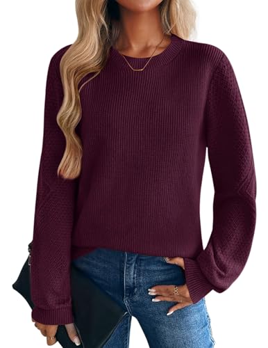 Zeagoo Womens 2026 Fall Sweaters Lightweight Long Sleeve Ribbed Knit Crewneck Pullover Tops Crochet Casual Outfits Dark red Large