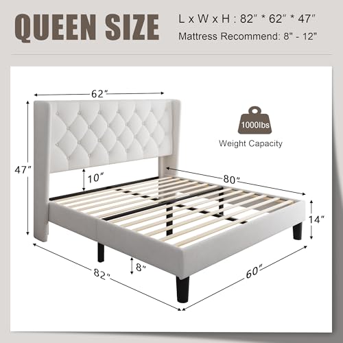 Einhomn Queen Size Platform Bed Frame with Velvet Upholstered Wingback Headboard, 10" Under Bed Space, Wooden & Metal Slats Support, No Box Spring Needed, White - Image 2