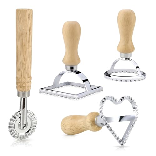 SXCCNW Ravioli Ausstecher Former, 4 Stück Ravioli Ausstecher Set, Ravioli Roller mit Holzgriff,...