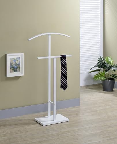 Image of Kings Brand Furniture Dossi Modern Metal Suit Valet Stand, Clothes Rack Organizer with Jacket, Pants & Tie Holder, Space-Saving Garment Rack for Bedroom or Closet (White)