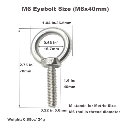 Image of 6 Packs M6 Stainless Eyebolt 1.6 inch(40mm) Long Male Screw Thread Ring Shoulder Eye Bolts