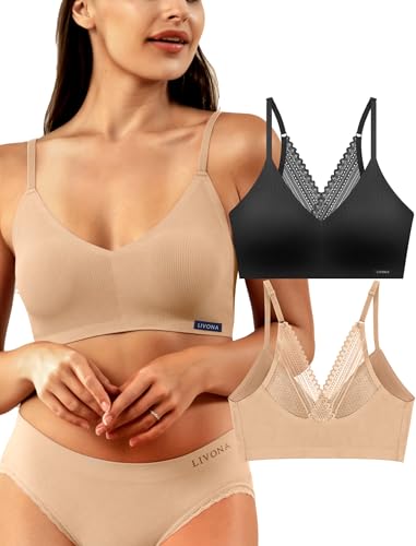 Image of Livona Lace Bralette for Women - Comfort Sports Bra Wireless Padded Bralette with Support Workout Tops Cami Crop S-XXL