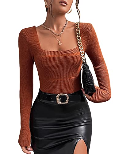 Floerns Women's Square Neck Rib Knit Long Sleeve Pullover Cropped Sweaters Tops Rust Brown L #TOP9