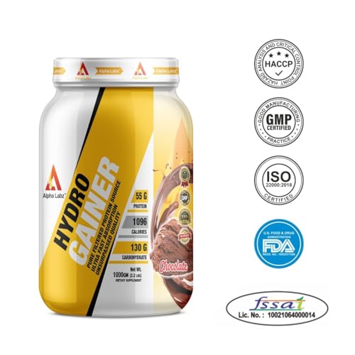 Image of Hydro Gainer High Protein & High Carbs Mass Gainer For Muscle Mass Gain | 55g Protein & 1096 Calories | Gain Strength & Size | High Calories Formula with Vitamins & Minerals for Weight Gain | Weight Gainer for Women & Men [Chocolate Flavor, 1kg]