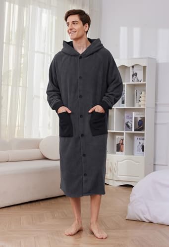 Vulcanodon Mens Hooded Robe, Plush Fleece Bathrobes for Men Long Cozy Warm Spa Robe3