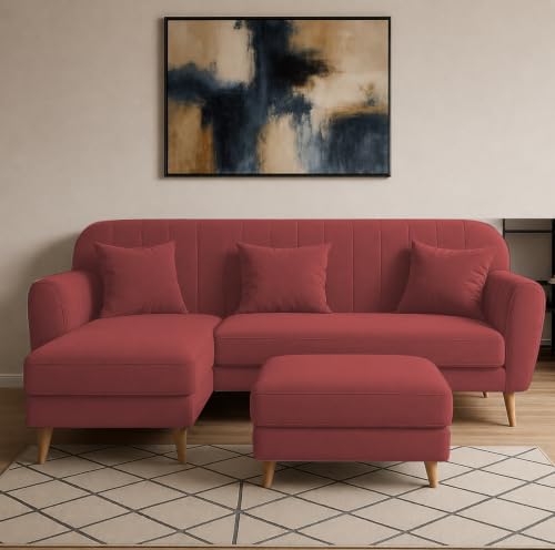 Image of Atticus LHS 4 Seater L Shape Sofa Set with Ottoman for Living Room (Maroon Fabric) Premium Fabric Sofa Set