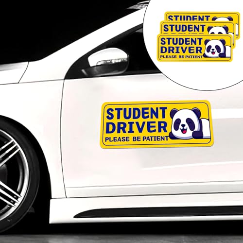 Image of Student Driver Please Be Patient Car Magnet, Yellow Panda Series Cute Picture, Patient With Reflective Magnetic Bumper Sticker Set Detachable, Novice Safety Signs.Set of 3