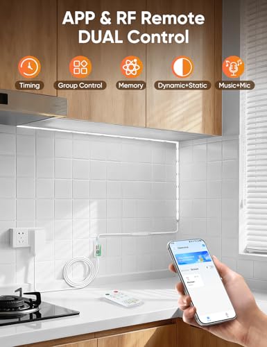 Image of COB LED Strip Lights 6000K Cold White DC24V with UL Listed Adapter | 16.4ft CRI90+ Dimmable Flexible LED Tape Light with Music Sync App RF Remote Control for Living Room Ceiling Cabinet Lighting