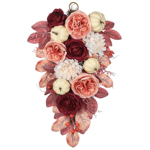 Harvest Teardrop Swag Fall Floral Swag sway with White Pumpkin Chrysanthemum Rose and Eucalyptus Leaves Autumn Teardrop sway for Home Front Door Wall Mantel Window Decor Pink and Burgundy by GnFlus - Used condition - US$26.39