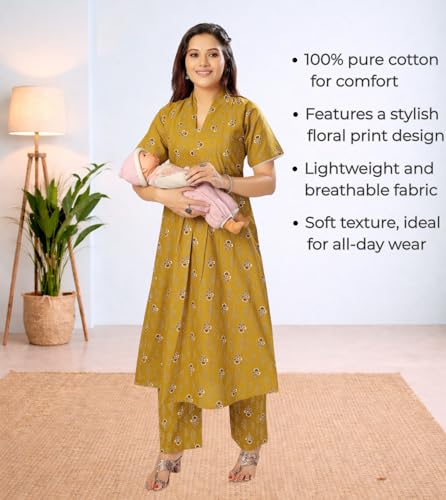 Image of Momenta Women's Pure Cotton Maternity Kurta Set | Feeding Kurti with Concealed Zippers | Maternity Dress for Pre & Post Pregnancy
