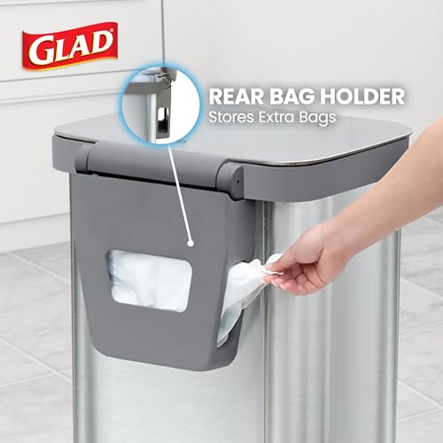 Image of Glad Stainless Steel Step Trash Can, Series 2 with Clorox Protection - Large Metal Kitchen Garbage Bin with Soft Close Lid, Foot Pedal and Waste Bag Roll Holder, 13 Gallon