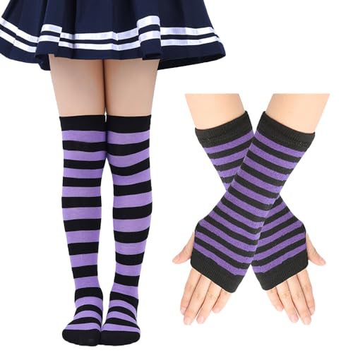Kids Girls Striped Knee High Socks and Arm Warmers Set Thigh High Socks Stockings Fingerless Gloves for 6-12 Years