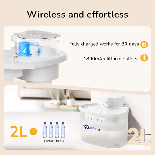 Image of Petverse Wireless Cat Water Fountain 2L Battery Operated Pet Water Dispenser for Cats and Dogs, Ultra Quiet, BPA Free, with Filters, 3 Flow Modes and LED Indicator, White