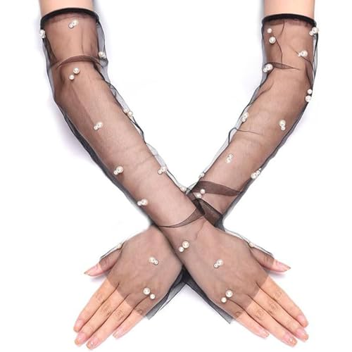 Halloween Fingerless Pearl Black Gloves Long Tulle Wedding Gloves for Bride Halloween Cosplay Bridal Decoration for Women and Girls 1 Pair