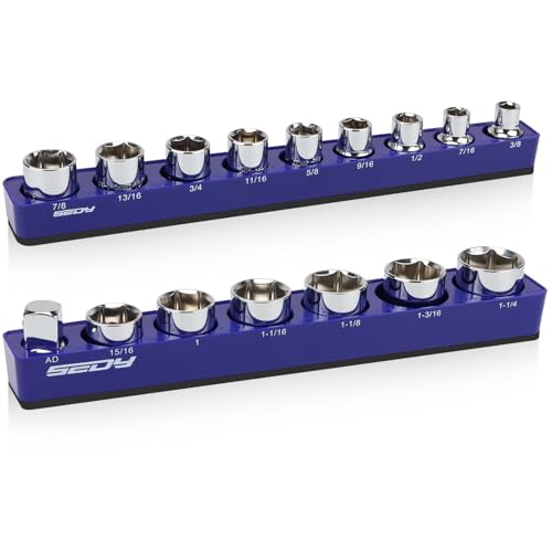 2-Piece 1/2"-Drive SAE Magnetic Socket Organizer Set (Holds 16 Sockets) - Detachable Tool Tray with 5mm Magnetic Base, Screw-Fixed Design & Heavy-Duty Modular Storage for Garage/Home Workshop